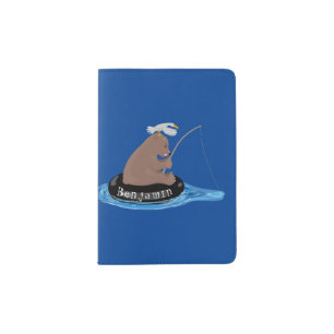 Cute bear cub fishing cartoon illustration passport holder