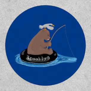 Cute bear cub fishing cartoon illustration patch