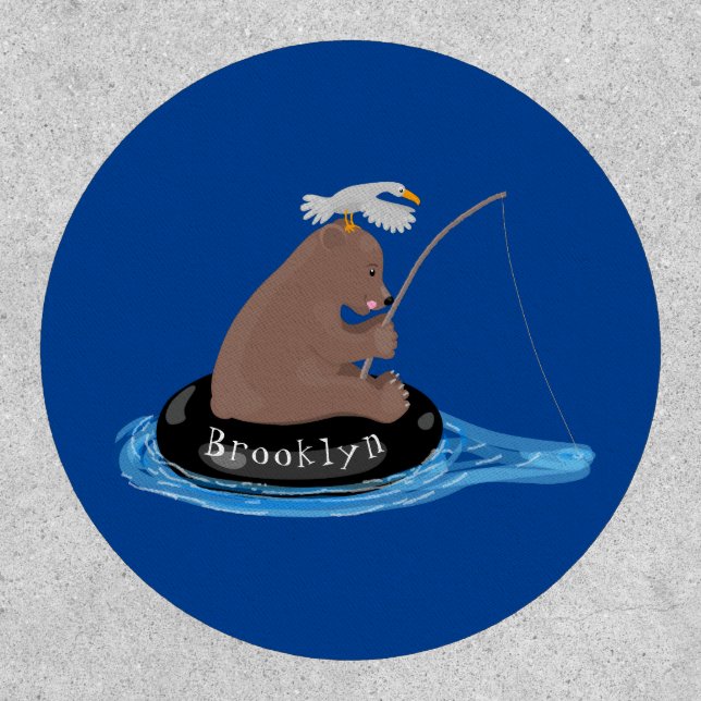 Cute bear cub fishing cartoon illustration patch (Front)