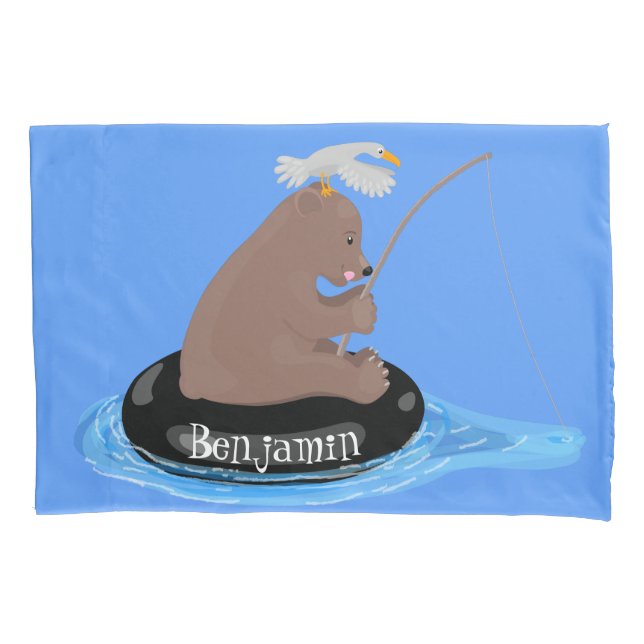 Cute bear cub fishing cartoon illustration pillow case (Front)
