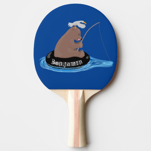 Cute bear cub fishing cartoon illustration ping pong paddle (Front)