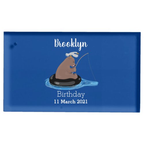 Cute bear cub fishing cartoon illustration place card holder