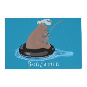Cute bear cub fishing cartoon illustration placemat