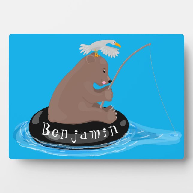 Cute bear cub fishing cartoon illustration plaque (Front)
