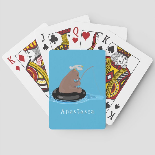 Cute bear cub fishing cartoon illustration poker cards (Back)