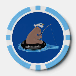 Cute bear cub fishing cartoon illustration poker chips
