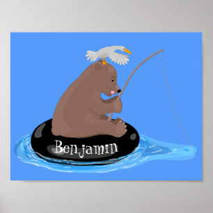Cute bear cub fishing cartoon illustration poster