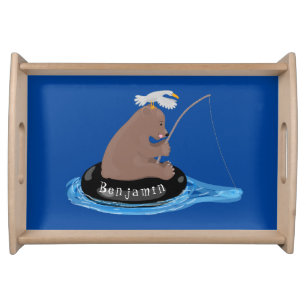Cute bear cub fishing cartoon illustration serving tray