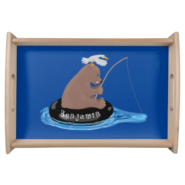 Cute bear cub fishing cartoon illustration serving tray (Front)