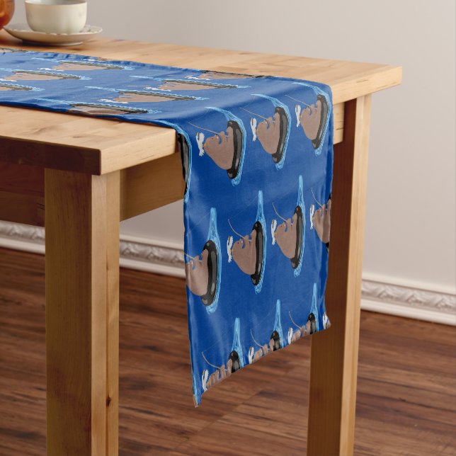 Cute bear cub fishing cartoon illustration short table runner (In Situ)