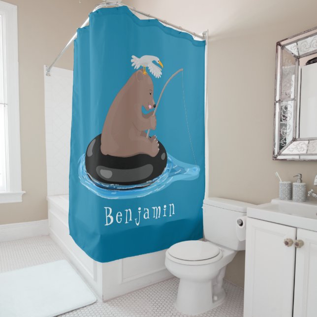 Cute bear cub fishing cartoon illustration shower curtain (In Situ)