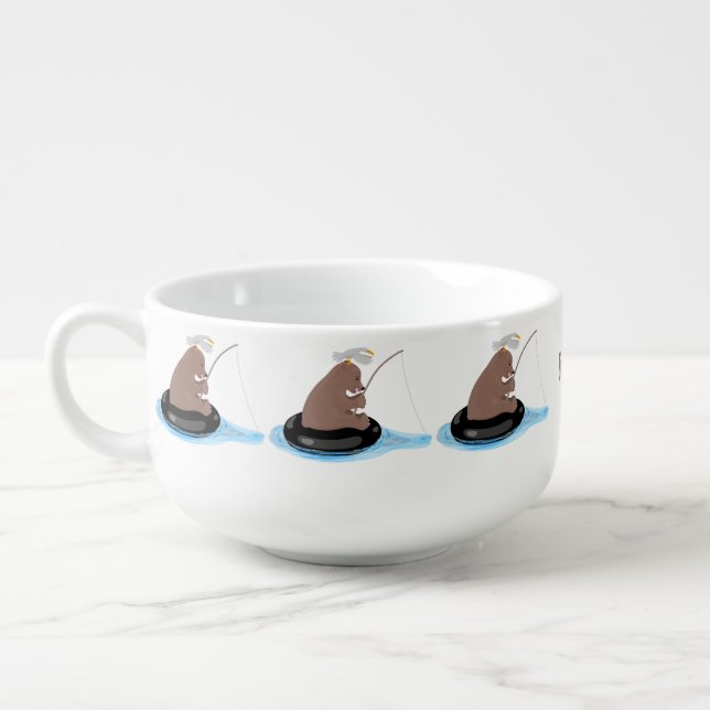 Cute bear cub fishing cartoon illustration soup mug (Right)