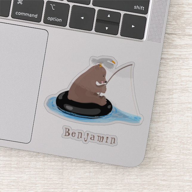 Cute bear cub fishing cartoon illustration sticker (Detail)