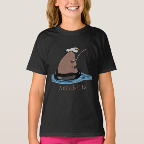 Cute bear cub fishing cartoon illustration T_Shirt