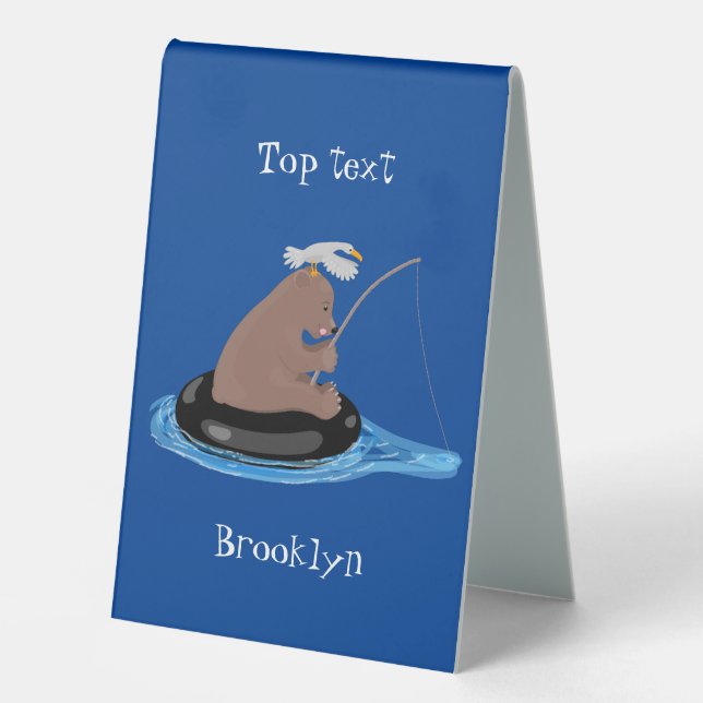 Cute bear cub fishing cartoon illustration table tent (Front)