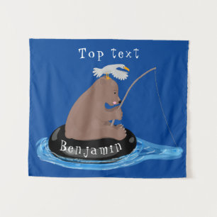 Cute bear cub fishing cartoon illustration tapestry