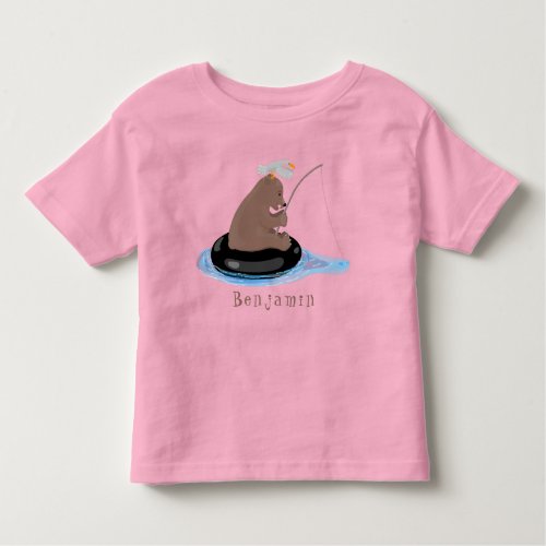 Cute bear cub fishing cartoon illustration toddler t_shirt