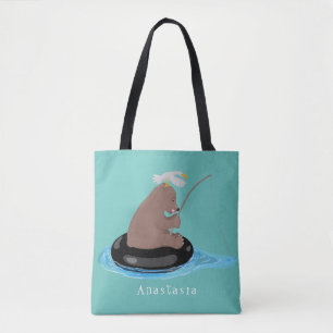 Cute bear cub fishing cartoon illustration tote bag