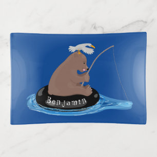 Cute bear cub fishing cartoon illustration trinket tray