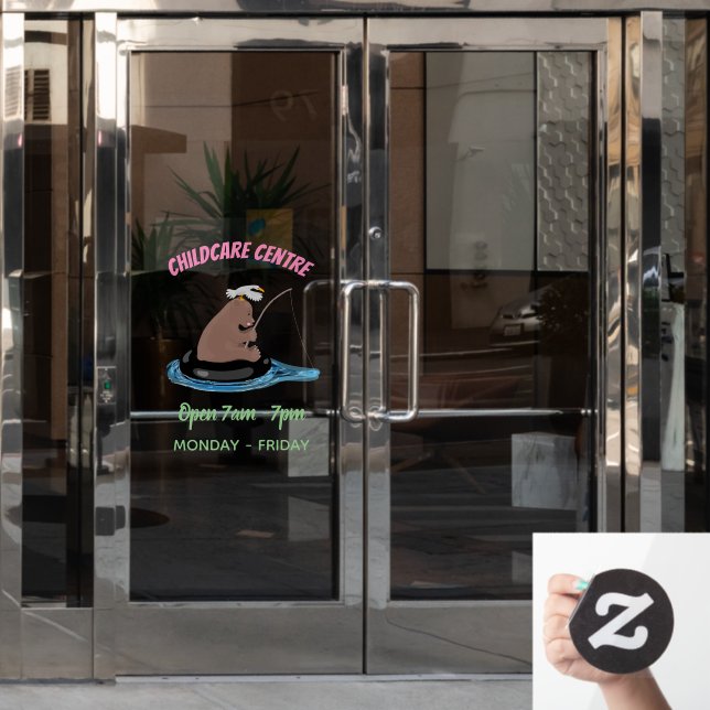 Cute bear cub fishing cartoon illustration window cling (Office Door)
