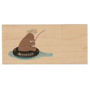 Cute bear cub fishing cartoon illustration wood flash drive