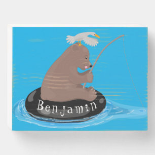 Cute bear cub fishing cartoon illustration wooden box sign