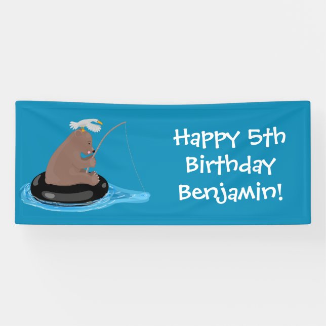 Cute bear cub fishing personalised birthday banner (Horizontal)