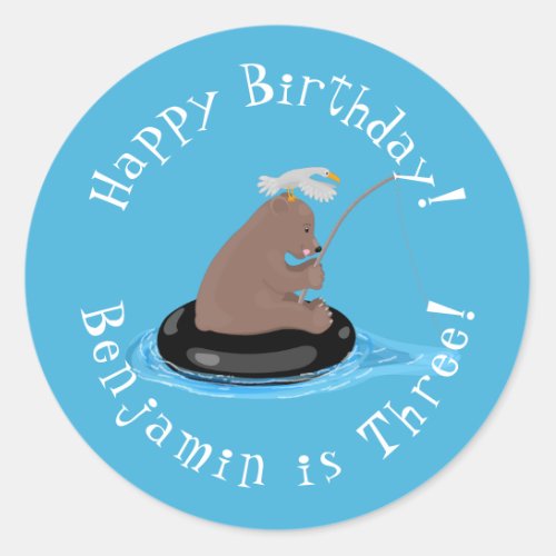 Cute bear cub fishing personalised birthday classic round sticker