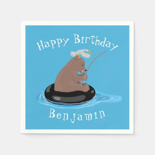 Cute bear cub fishing personalised birthday napkins