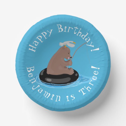 Cute bear cub fishing personalised birthday paper bowls