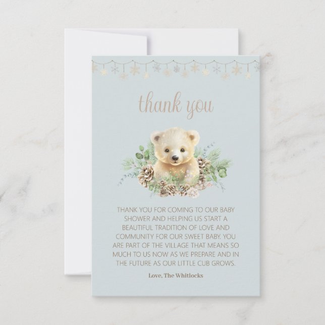 Cute Bear Cub Winter Greenery Blue Boy Baby Shower Thank You Card (Front)
