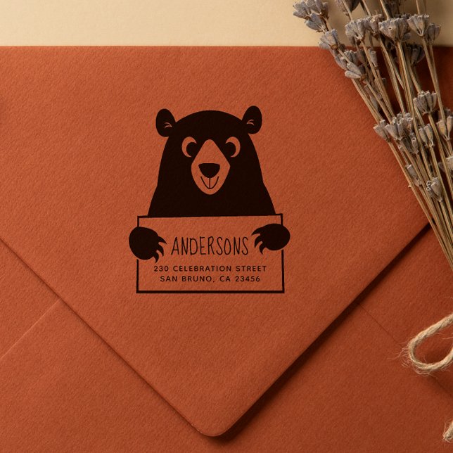 Cute Bear | Custom Family Name & Return Address Rubber Stamp (Rubber Stamp Mock-up)
