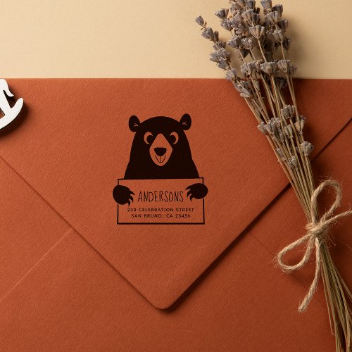 Cute Bear  Custom Family Name  Return Address Rubber Stamp