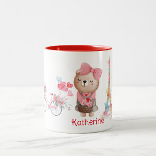 Cute Bear Cycle Eiffel Tower Personalized Name Two-Tone Coffee Mug