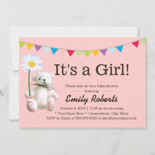 Cute Bear & Daisy Girl Baby Shower Invitations