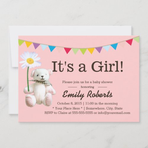 Cute Bear &amp; Daisy Girl Baby Shower Invitations 5" X 7" Invitation Card