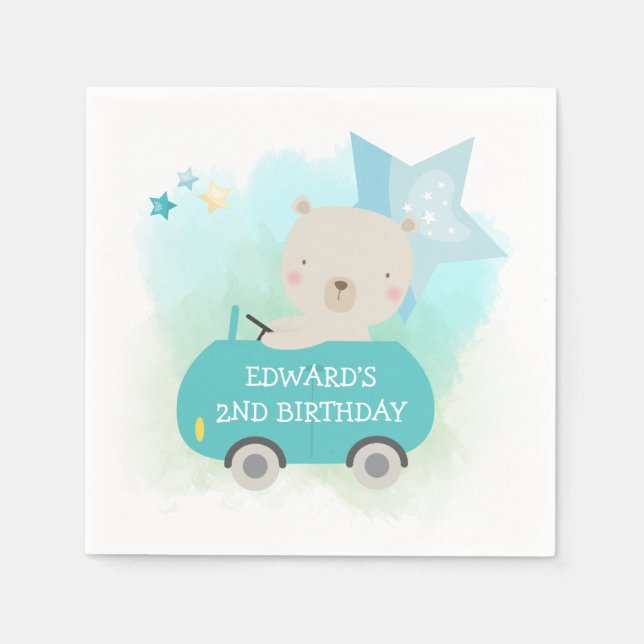 Cute Bear Driving Car Boys Birthday Party Napkins (Front)