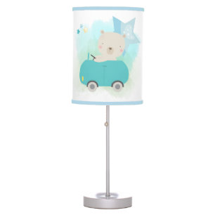 Cute Bear Driving Teal Car Stars Nursery Table Lamp