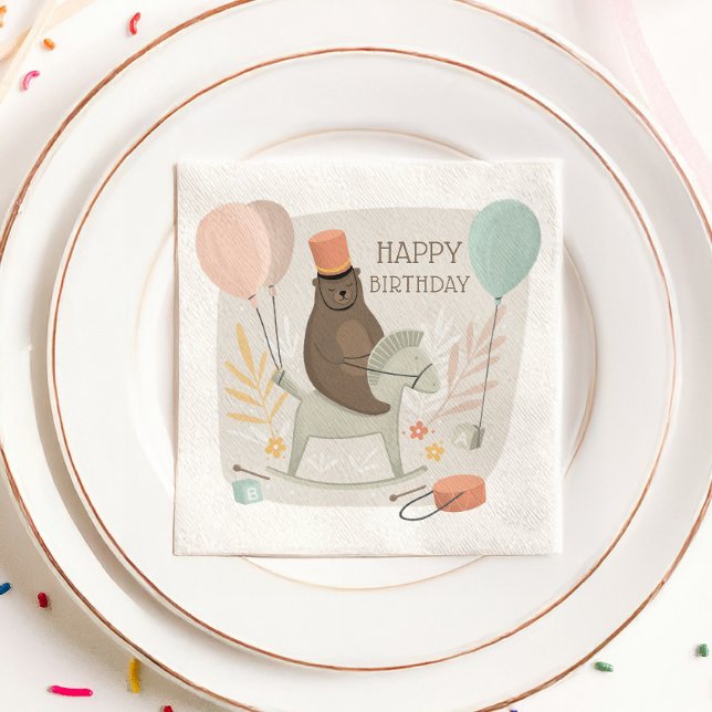 Cute bear drummer on wooden horse. Happy birthday Napkins (Creator Uploaded)