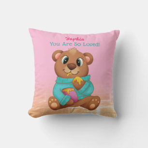 Cute Bear Eating Honey, Child's Name & Message Throw Pillow
