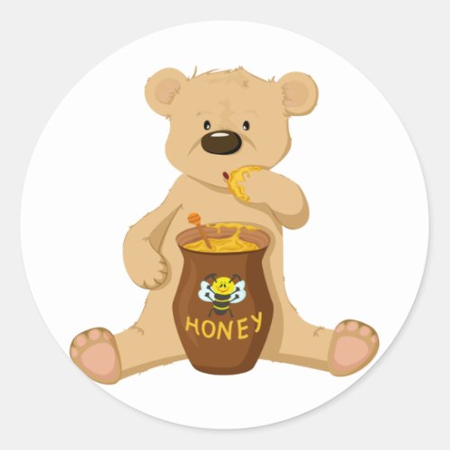 Cute bear eating honey classic round sticker