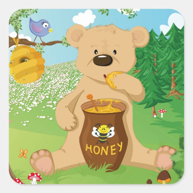 Cute bear eating honey square sticker (Front)