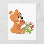 cute bear eating strawberries postcard