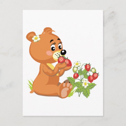 cute bear eating strawberries postcard