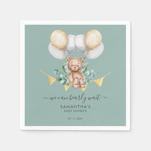 Cute Bear Eucalyptus Baby Shower Paper Napkins