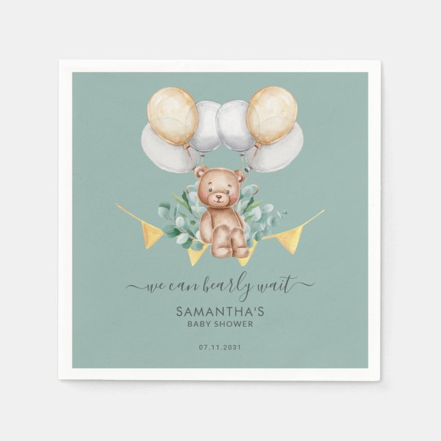 Cute Bear Eucalyptus Baby Shower Paper Napkins (Front)
