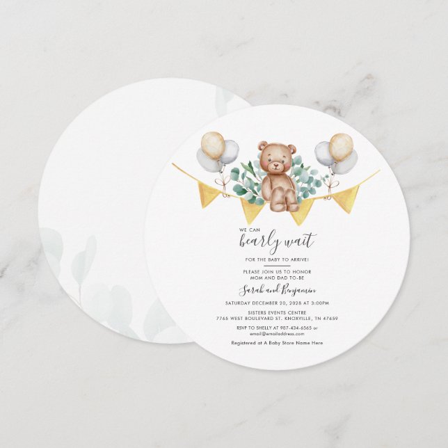 Cute Bear Eucalyptus Couple Baby Shower Botanical Invitation (Front/Back)