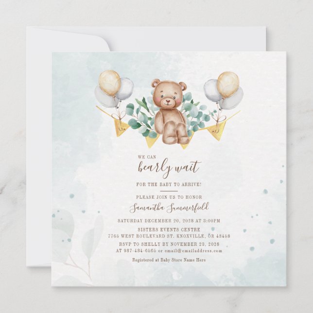 Cute Bear Eucalyptus Rustic Botanical Baby Shower Invitation (Front)