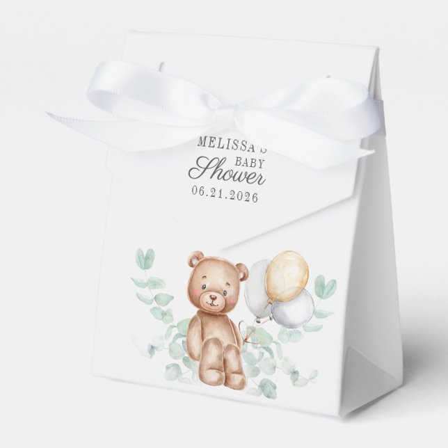 Cute Bear Eucalyptus Script Balloons Baby Shower Favor Boxes (Front Side)