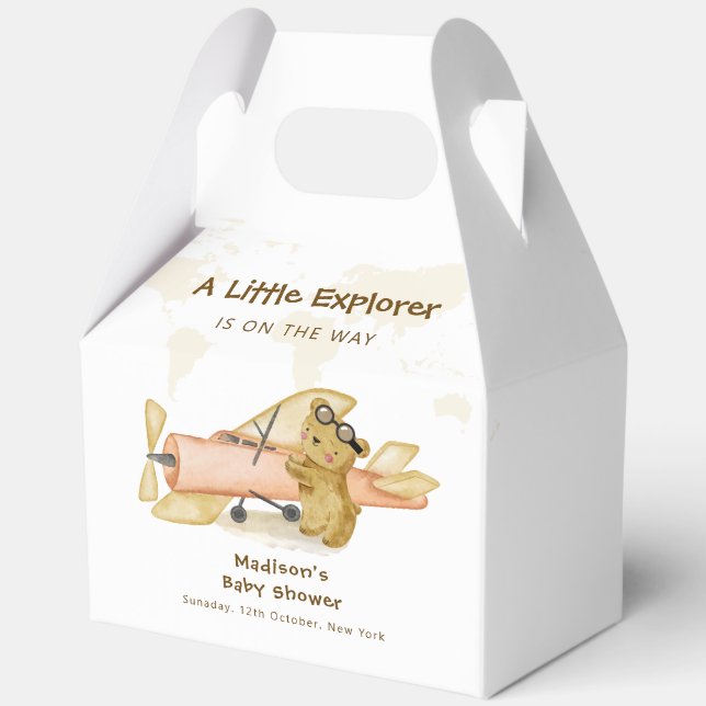 Cute Bear Explorer World Map Airplane Baby Shower  Favor Boxes (Front)